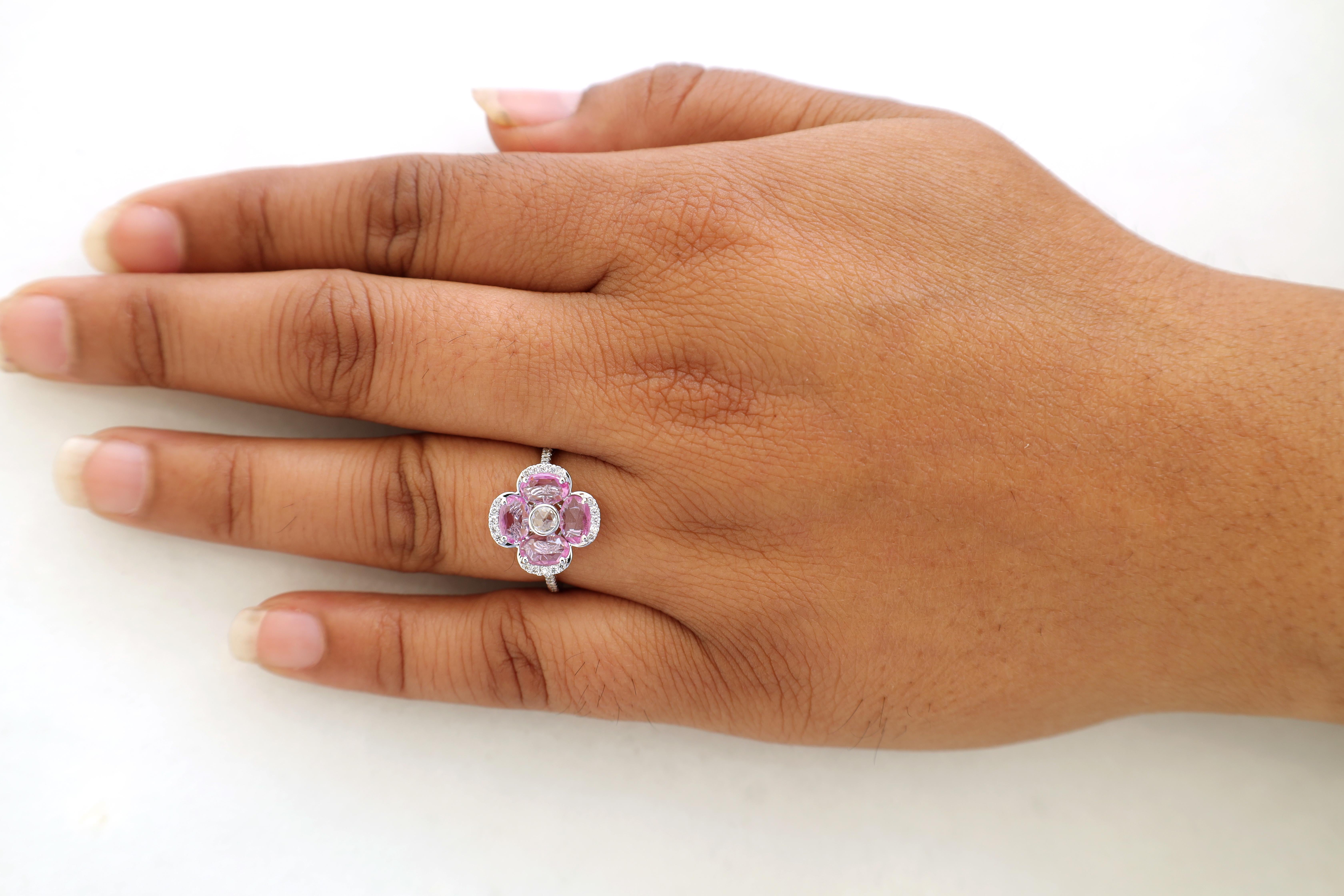 Oval Cut Rose Cut Diamond Surrounded by Oval Pink Sapphire Flower Ring For Sale
