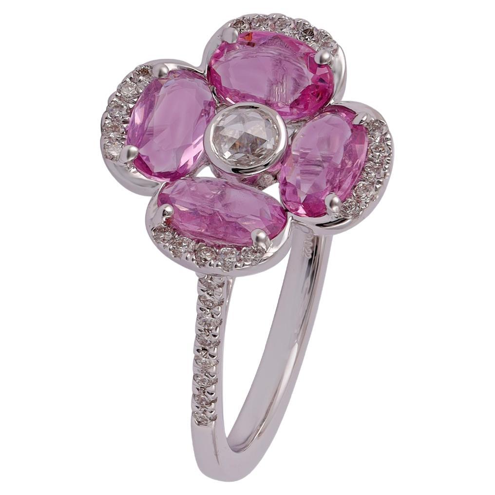 Rose Cut Diamond Surrounded by Oval Pink Sapphire Flower Ring For Sale