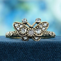 Rose Cut Diamond Vintage Style Butterfly Ring in Solid 9K Yellow Gold