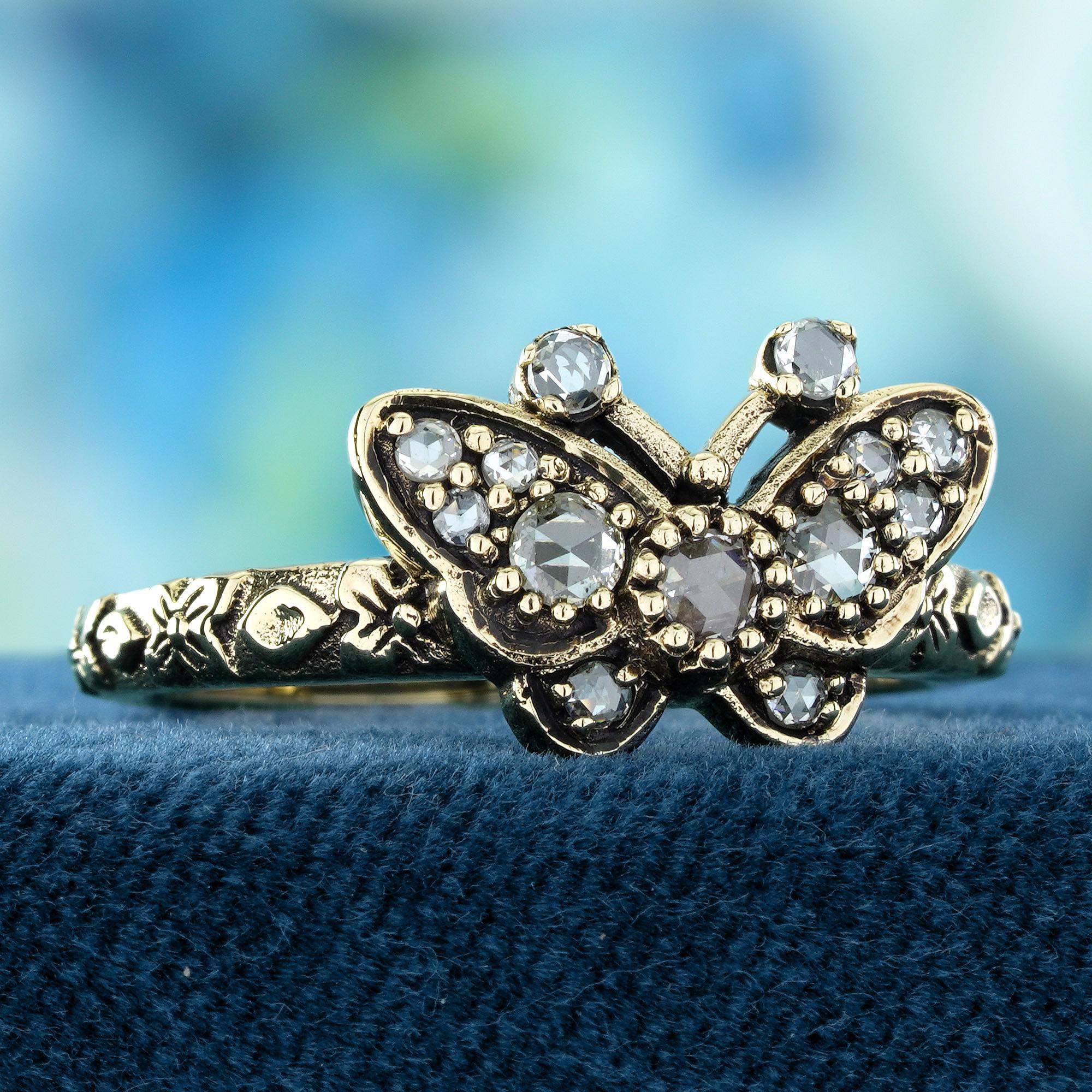 Edwardian Rose Cut Diamond Vintage Style Butterfly Ring in Solid 9K Yellow Gold For Sale