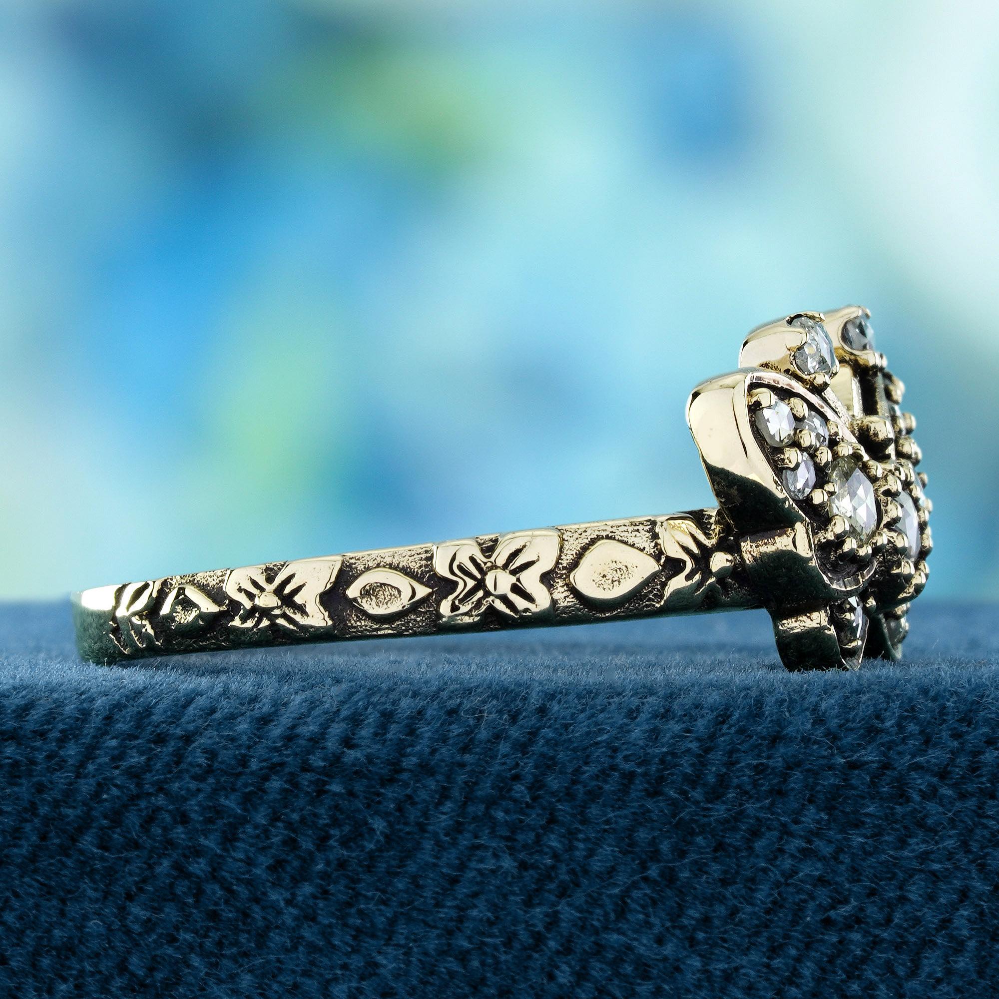 Round Cut Rose Cut Diamond Vintage Style Butterfly Ring in Solid 9K Yellow Gold For Sale