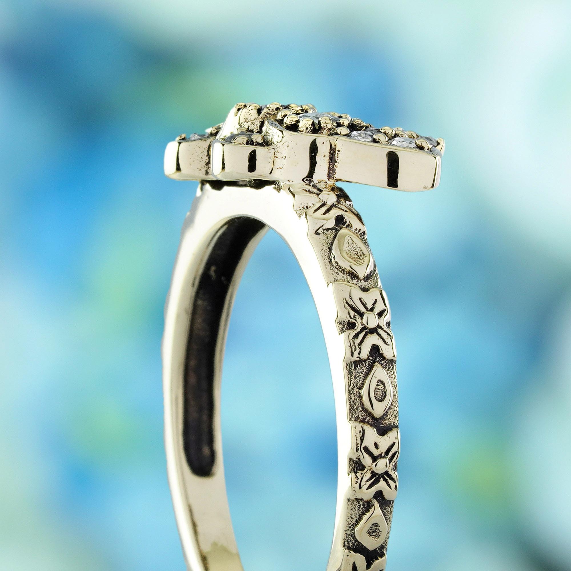 Women's or Men's Rose Cut Diamond Vintage Style Butterfly Ring in Solid 9K Yellow Gold For Sale