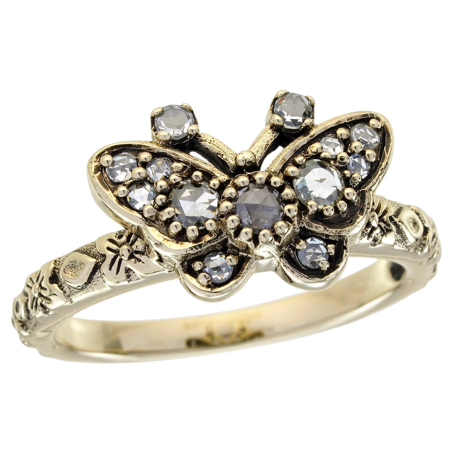 Rose Cut Diamond Vintage Style Butterfly Ring in Solid 9K Yellow Gold For Sale