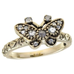 Rose Cut Diamond Vintage Style Butterfly Ring in Solid 9K Yellow Gold