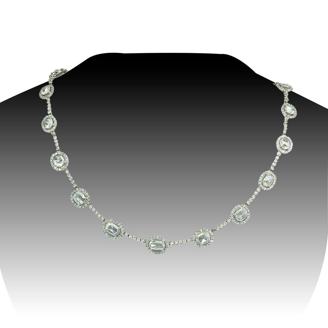 Rose-cut diamond and white gold estate necklace. *

ABOUT THIS ITEM:  #N-DJ51922B Scroll down for specifications.  A motif centering upon large rose-cut diamonds repeats all-around at equal intervals with small round diamond connectors.  Notably,