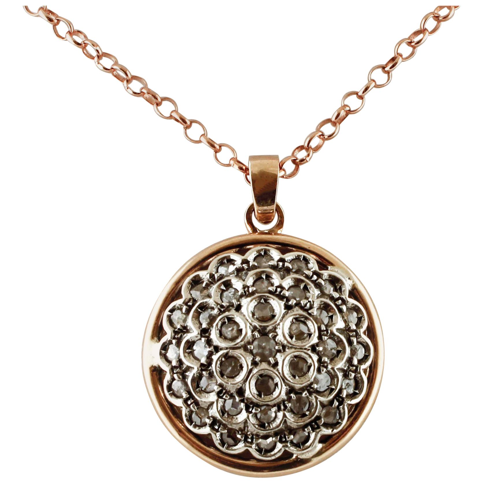 Rose Cut Diamonds, 14 Karat Rose Gold and Silver Retrò Pendant Necklace