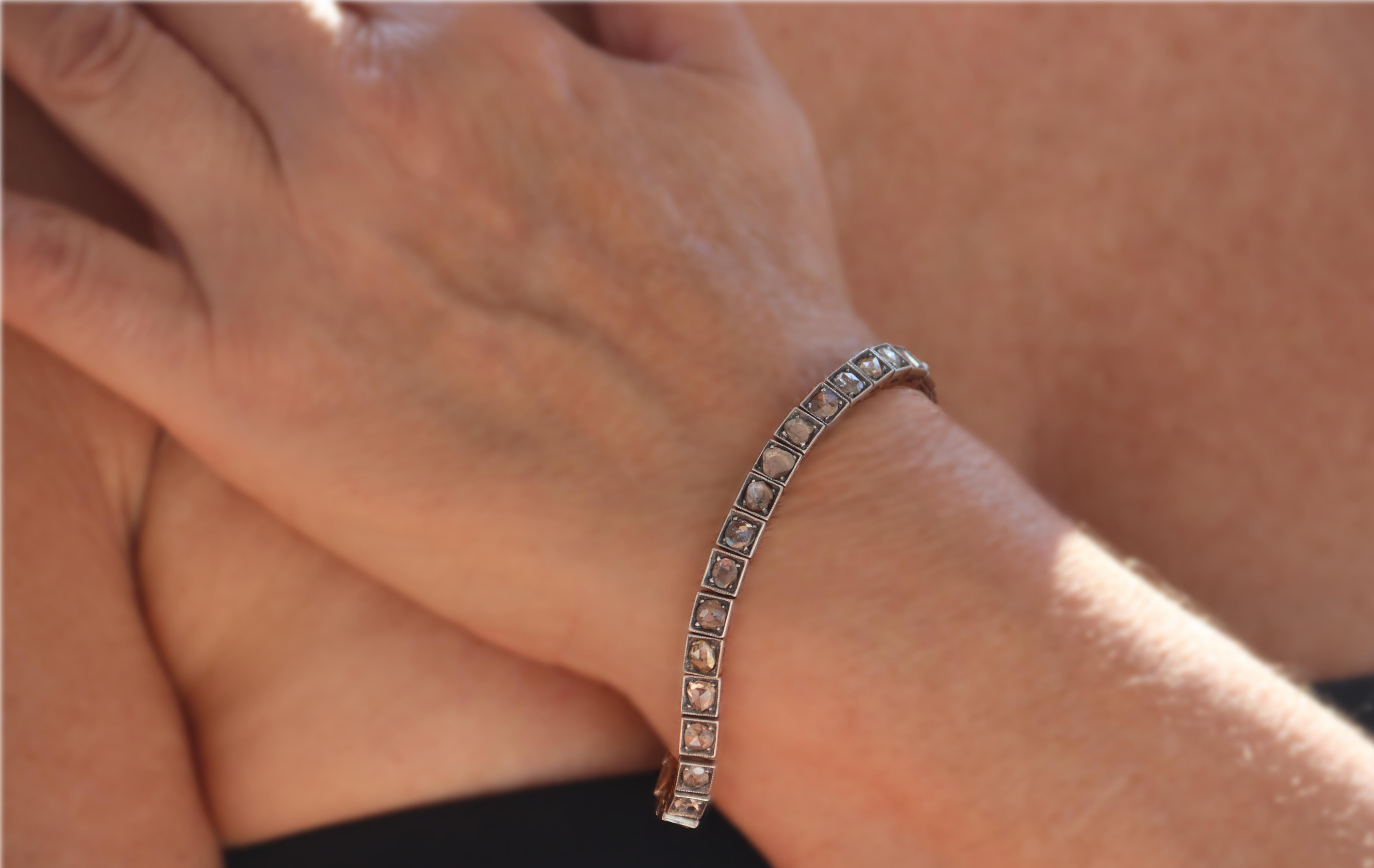 Rose Cut Diamonds 14 Karat Yellow Gold Cuff Bracelet For Sale 2