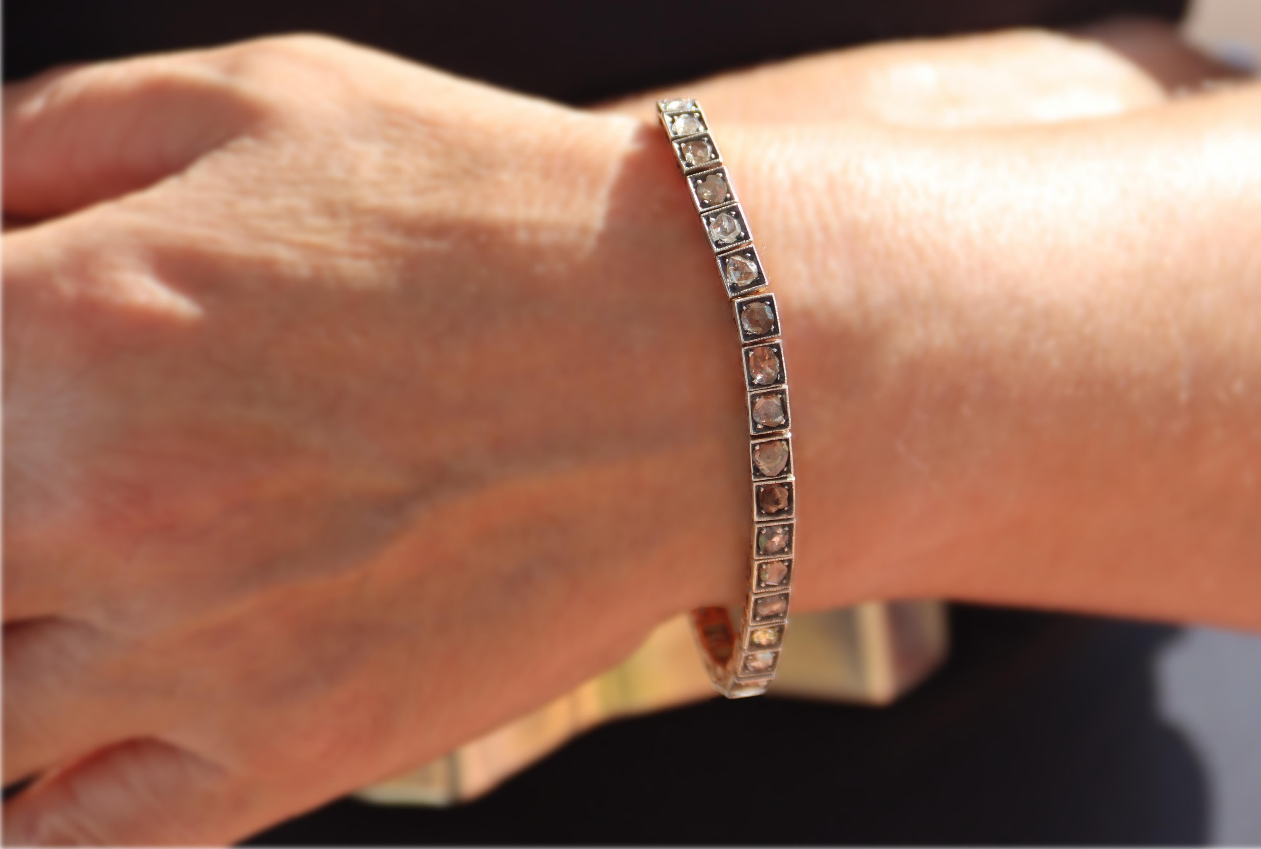 Rose Cut Diamonds 14 Karat Yellow Gold Cuff Bracelet For Sale 3