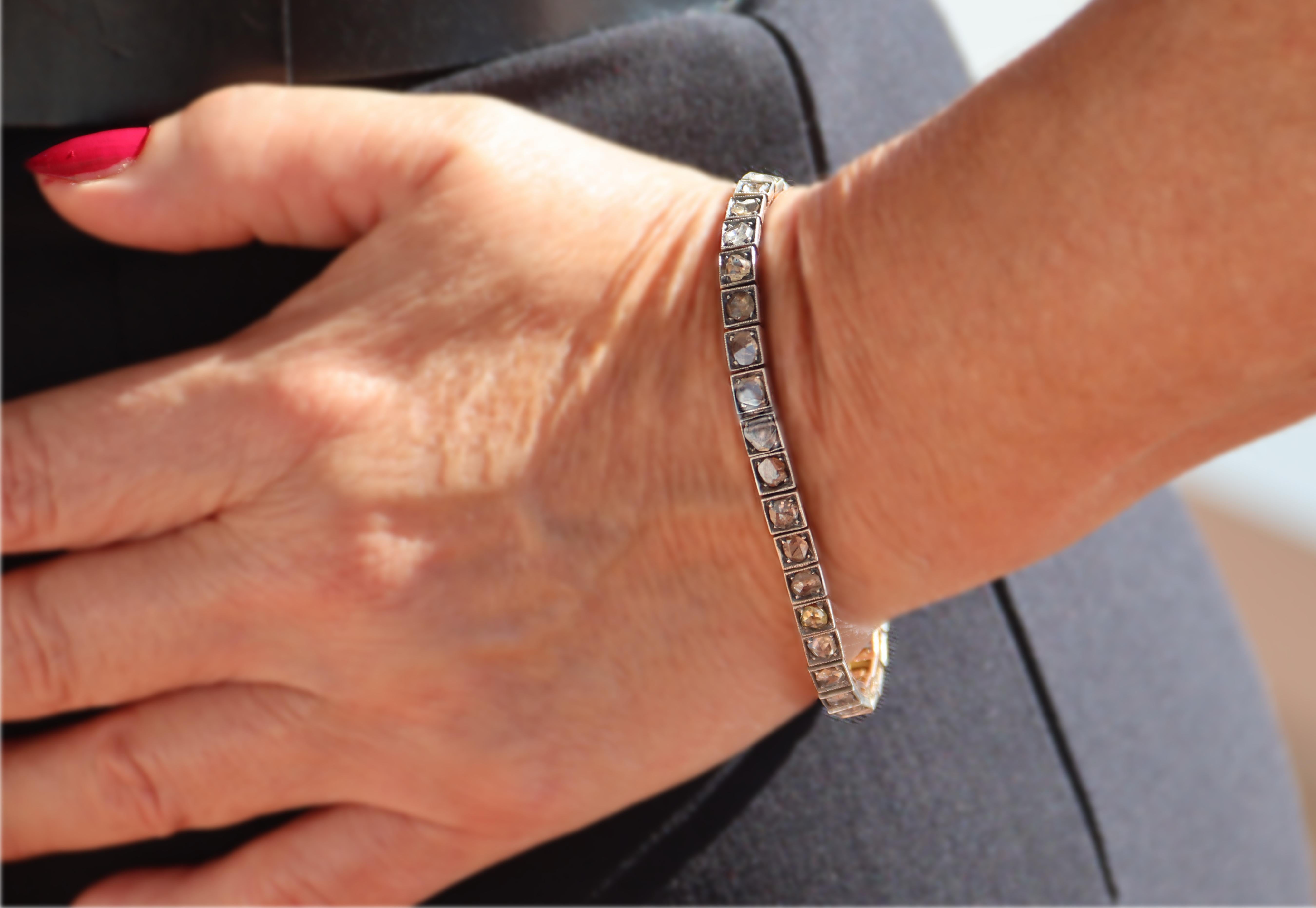 Rose Cut Diamonds 14 Karat Yellow Gold Cuff Bracelet For Sale 4