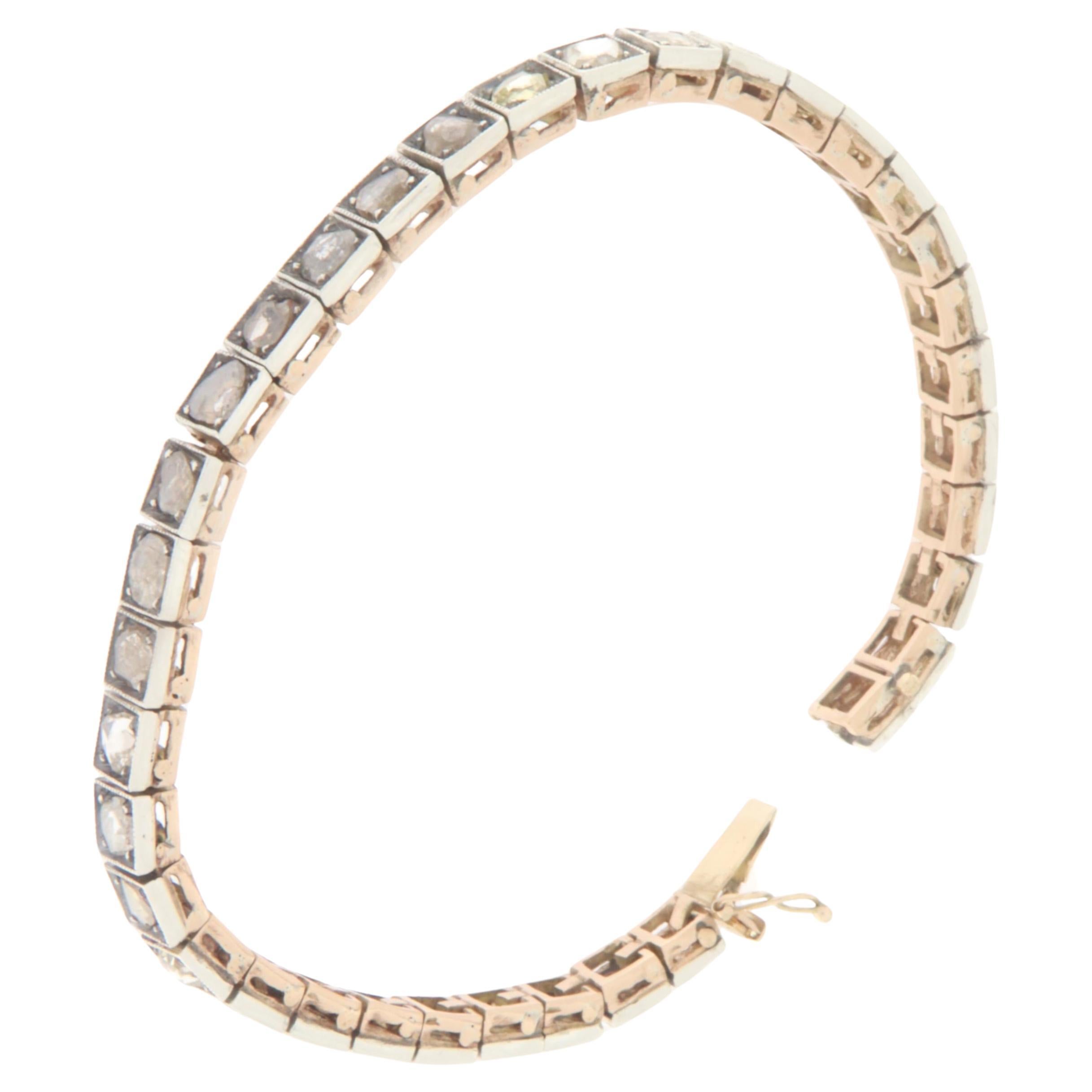 Rose Cut Diamonds 14 Karat Yellow Gold Cuff Bracelet For Sale