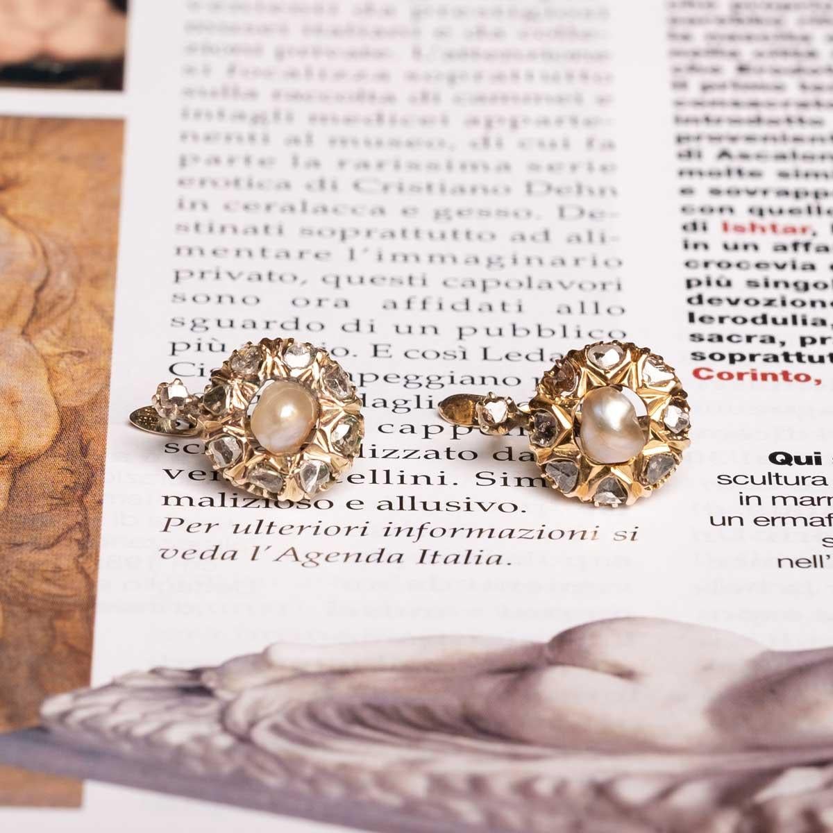 Taille rose Boucles d'oreilles antiques en diamants taillés en rose et perles baroques en vente