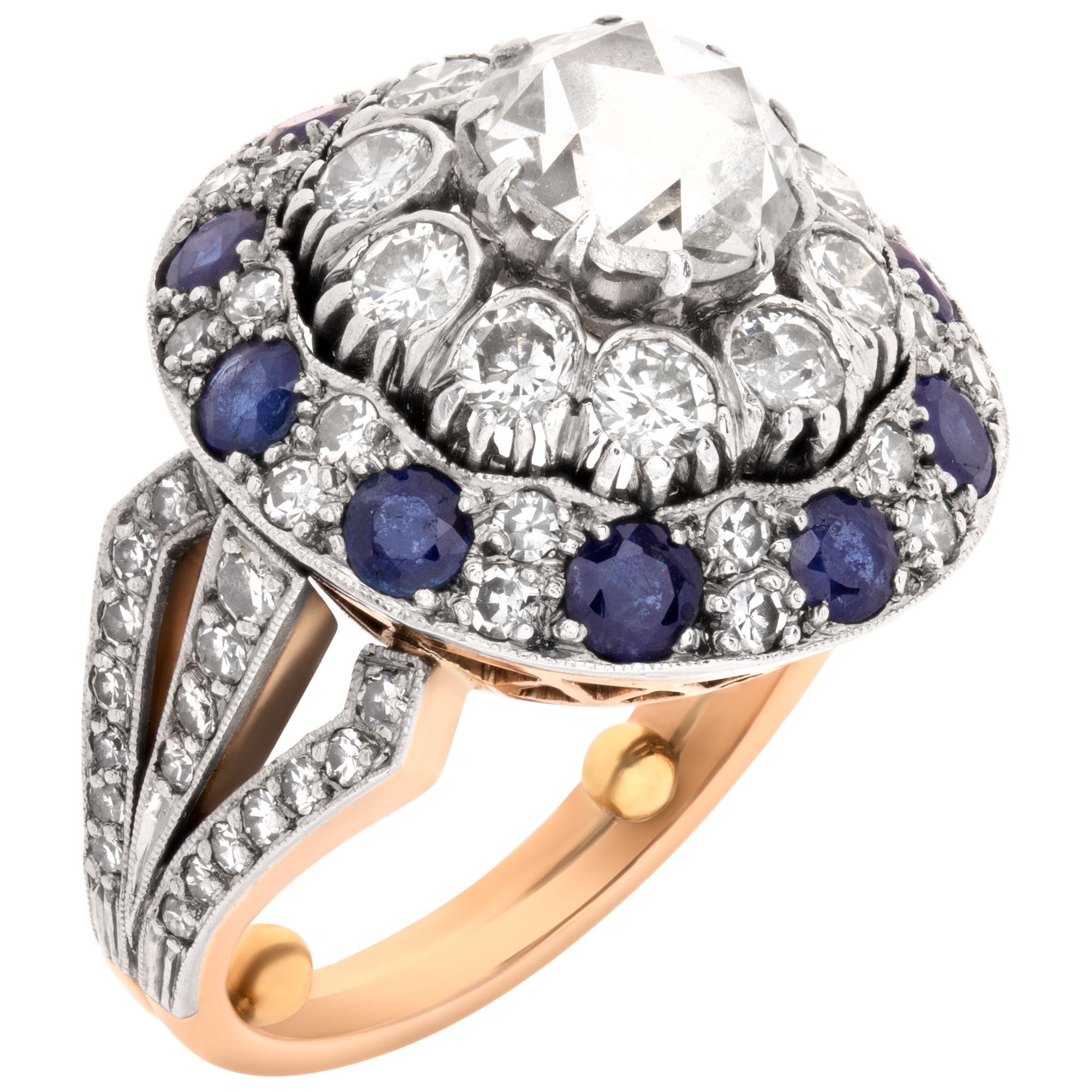 Rose Cut Diamonds and Sapphire Ring in 18k White and Rose Gold In Excellent Condition In Surfside, FL