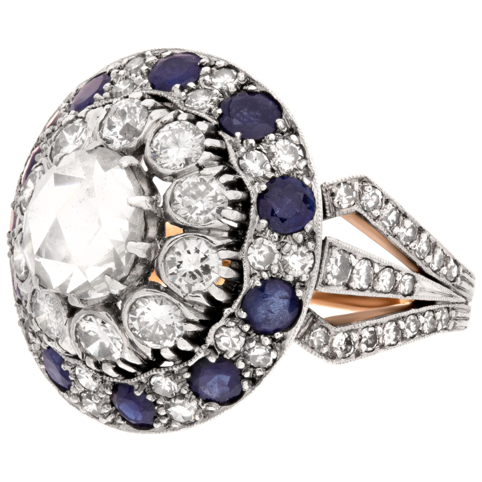 Women's Rose Cut Diamonds and Sapphire Ring in 18k White and Rose Gold