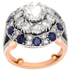 Rose Cut Diamonds and Sapphire Ring in 18k White and Rose Gold