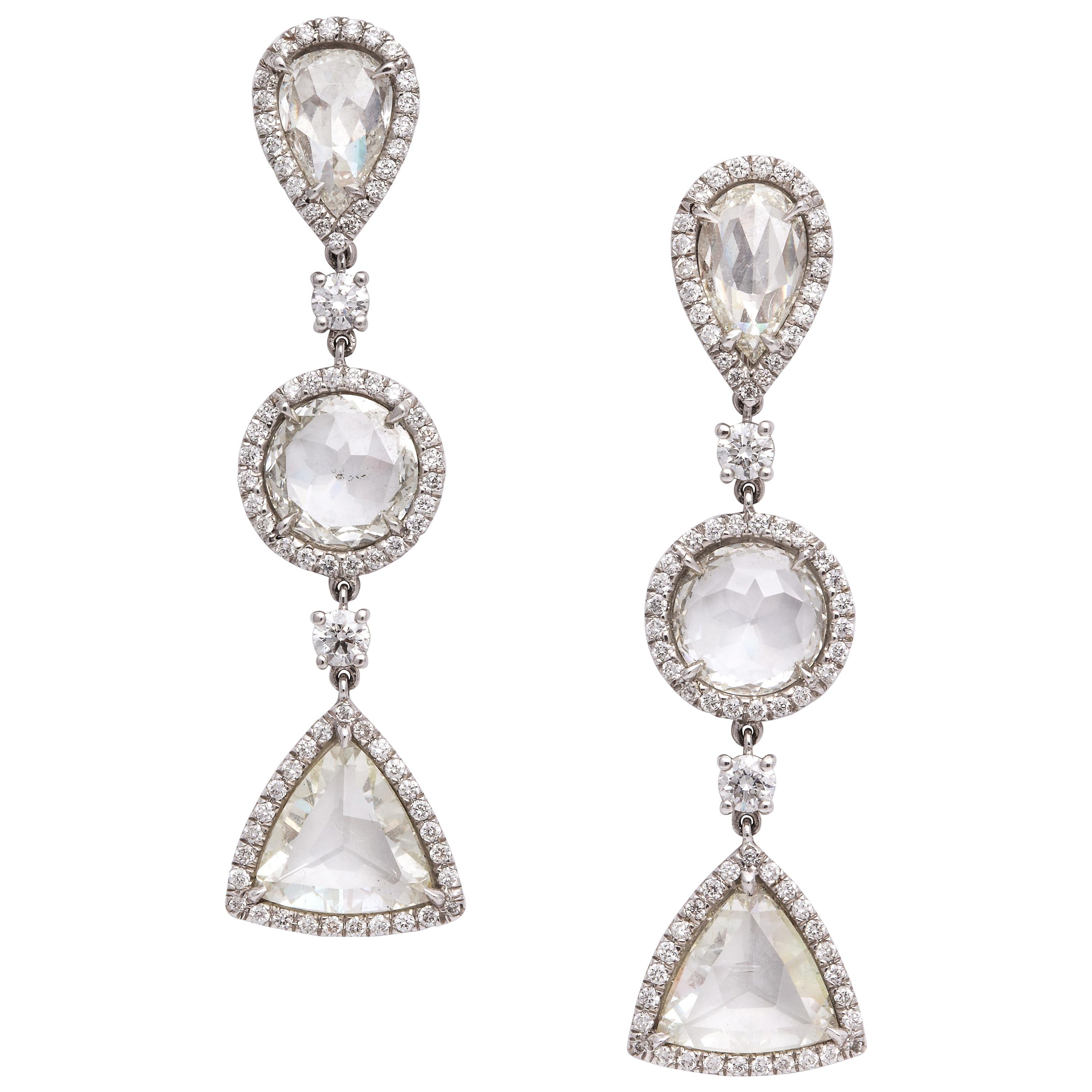 Rose Cut Diamonds and White Gold Ear Pendant Earrings For Sale