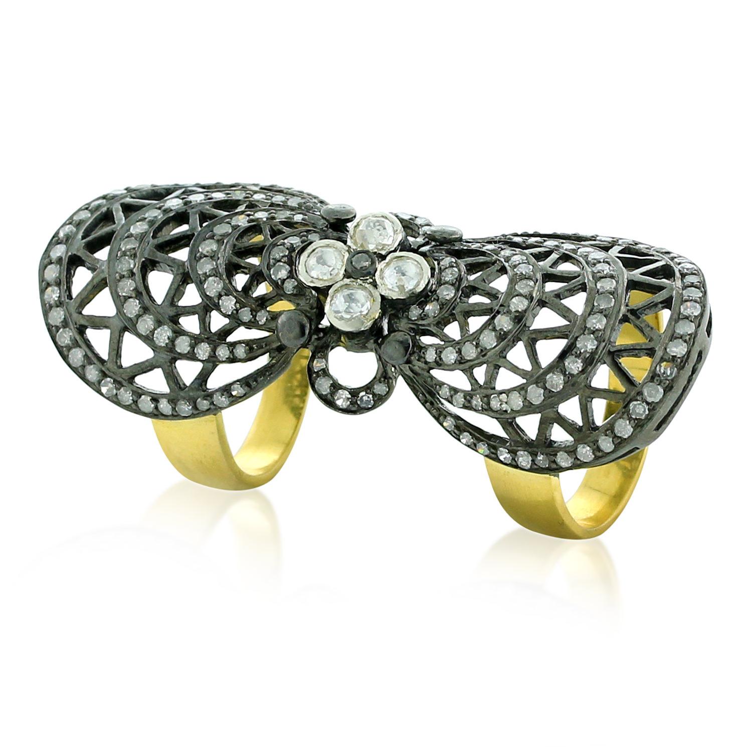Contemporary Rose Cut Diamonds Bow Shaped Knuckle Ring Adorned with Pave Diamonds For Sale