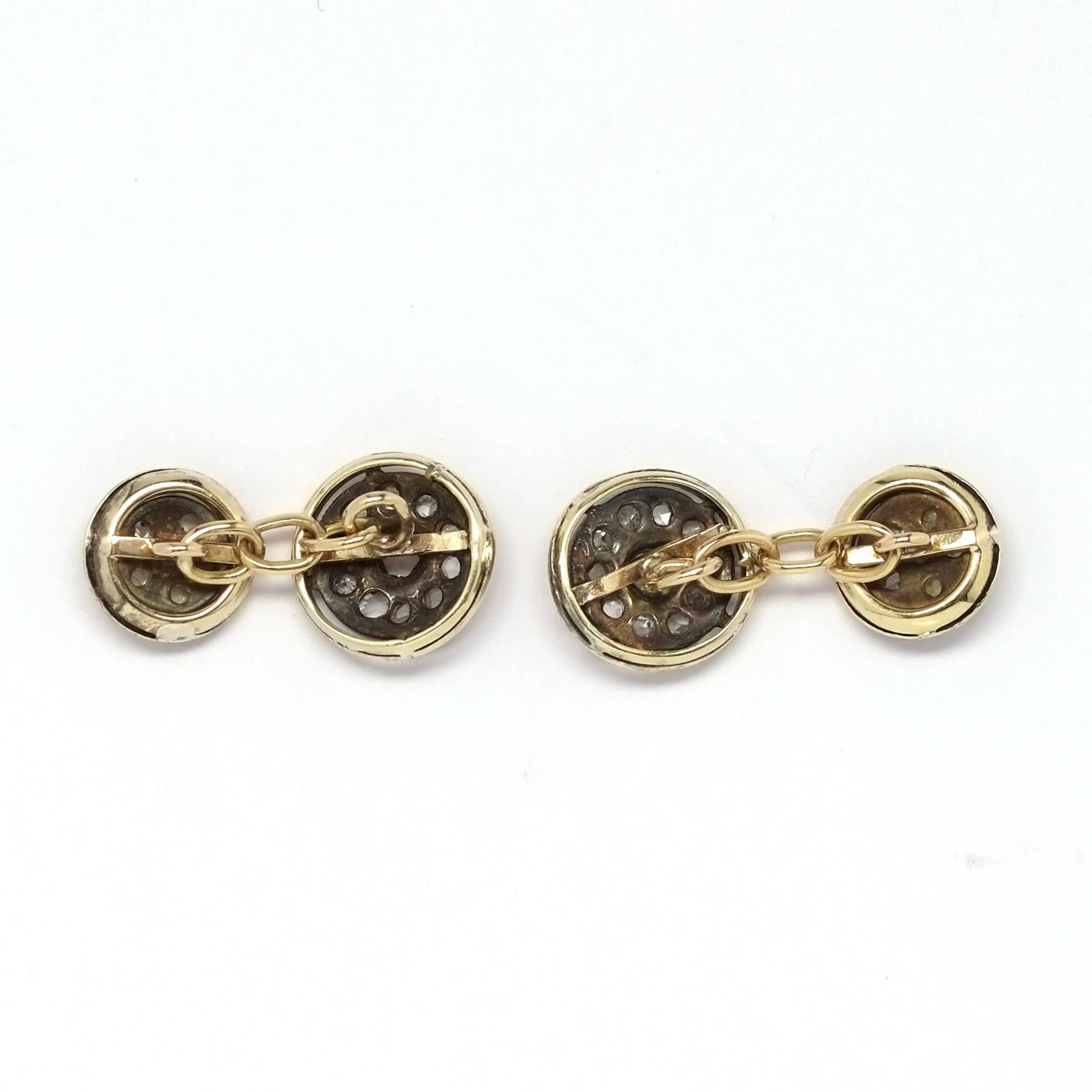 Gold and silver cufflinks with rose-cut diamonds from the early 20th century. The thecniques and materials used testify to the Italian nature of these jewels, today storytellers of the beauty of antiquity and craftsmanship. The beginning of the new