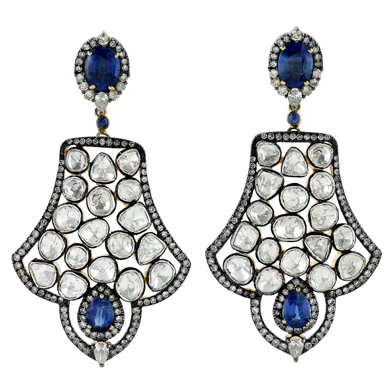 Boucles d'oreilles en or et argent 18k avec diamants taillés en rose, kyanite et saphir