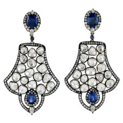 Boucles d'oreilles en or et argent 18k avec diamants taillés en rose, kyanite et saphir