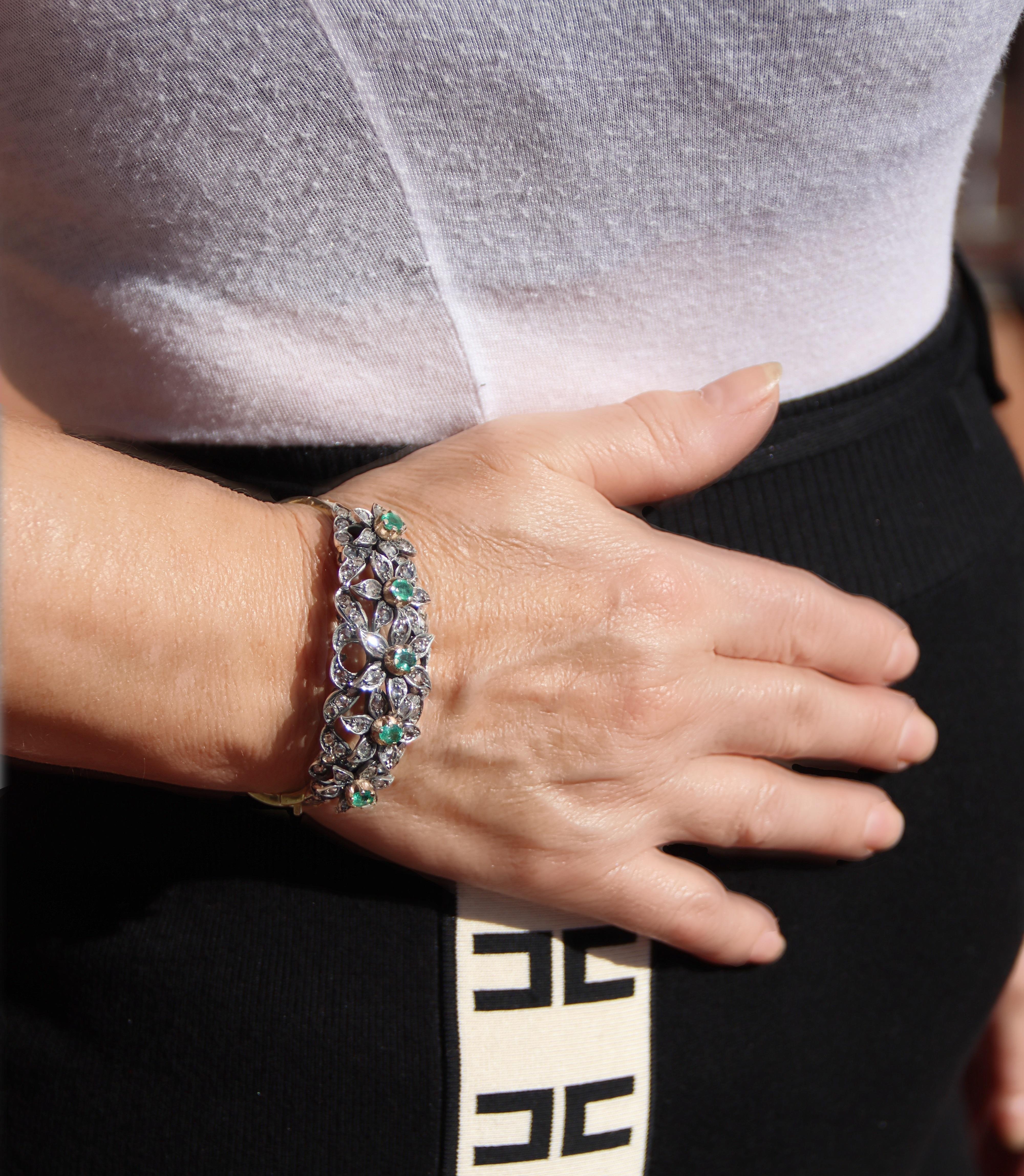 Bracelet Clamper en or jaune 9 carats, diamants taille rose et émeraudes Pour femmes en vente