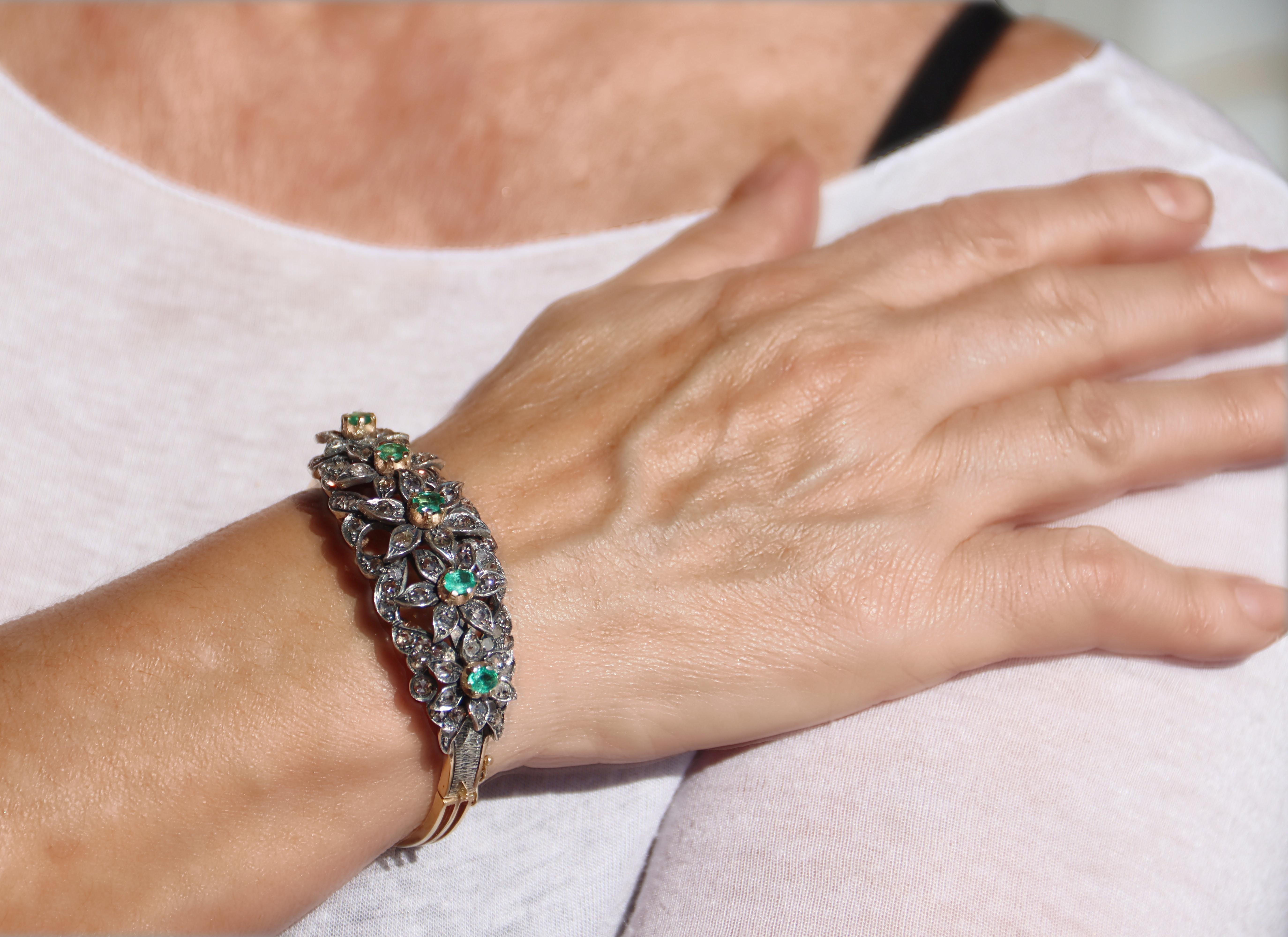 Bracelet Clamper en or jaune 9 carats, diamants taille rose et émeraudes en vente 1