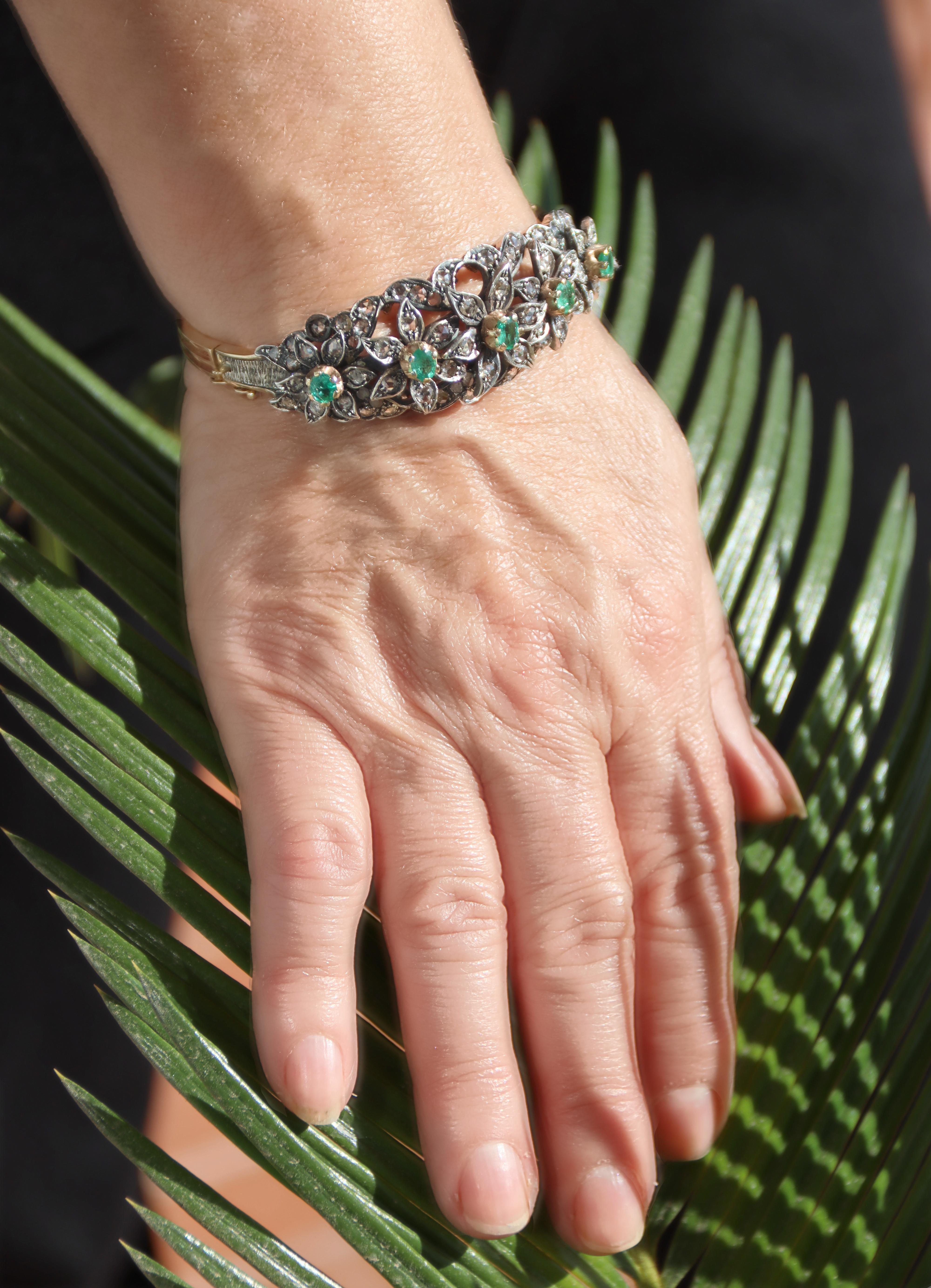 Bracelet Clamper en or jaune 9 carats, diamants taille rose et émeraudes en vente 3