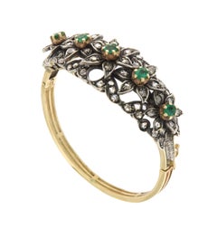 Rose Cut Diamonds Emeralds 9 Carat Yellow Gold Clamper Bracelet