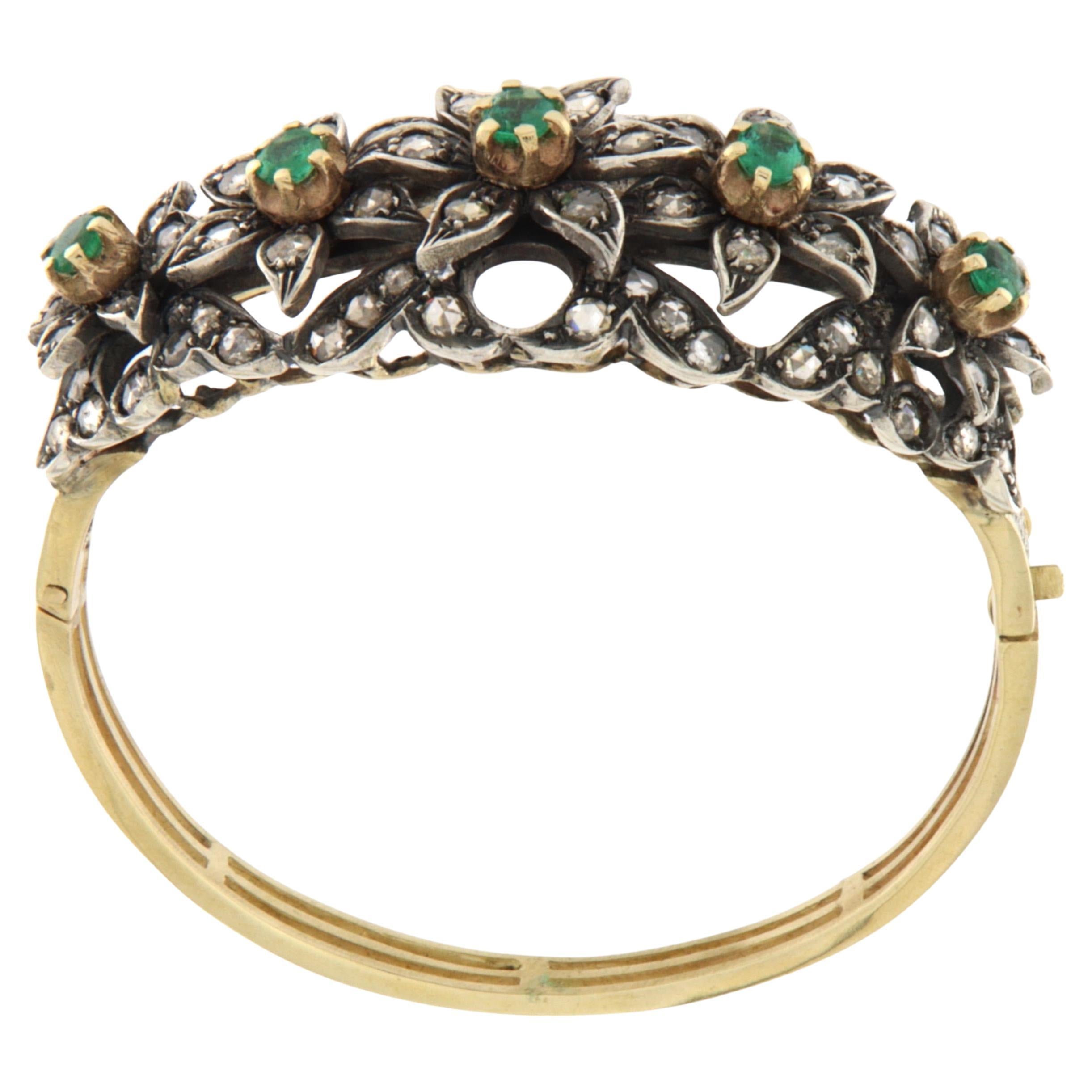 Bracelet Clamper en or jaune 9 carats, diamants taille rose et émeraudes