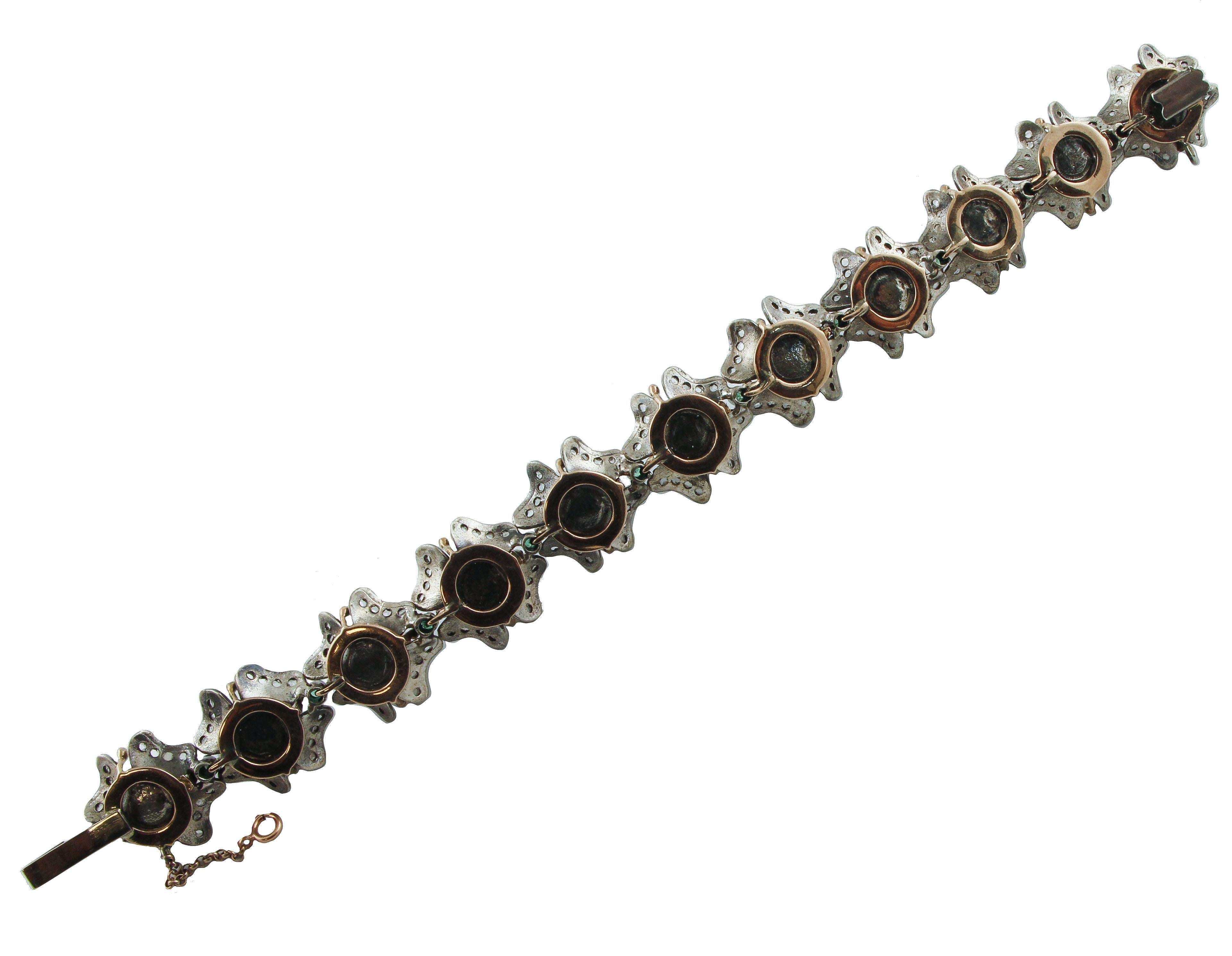 Mixed Cut Rose Cut Diamonds Emeralds Australian White Pearls Rose Gold and Silver Bracelet For Sale