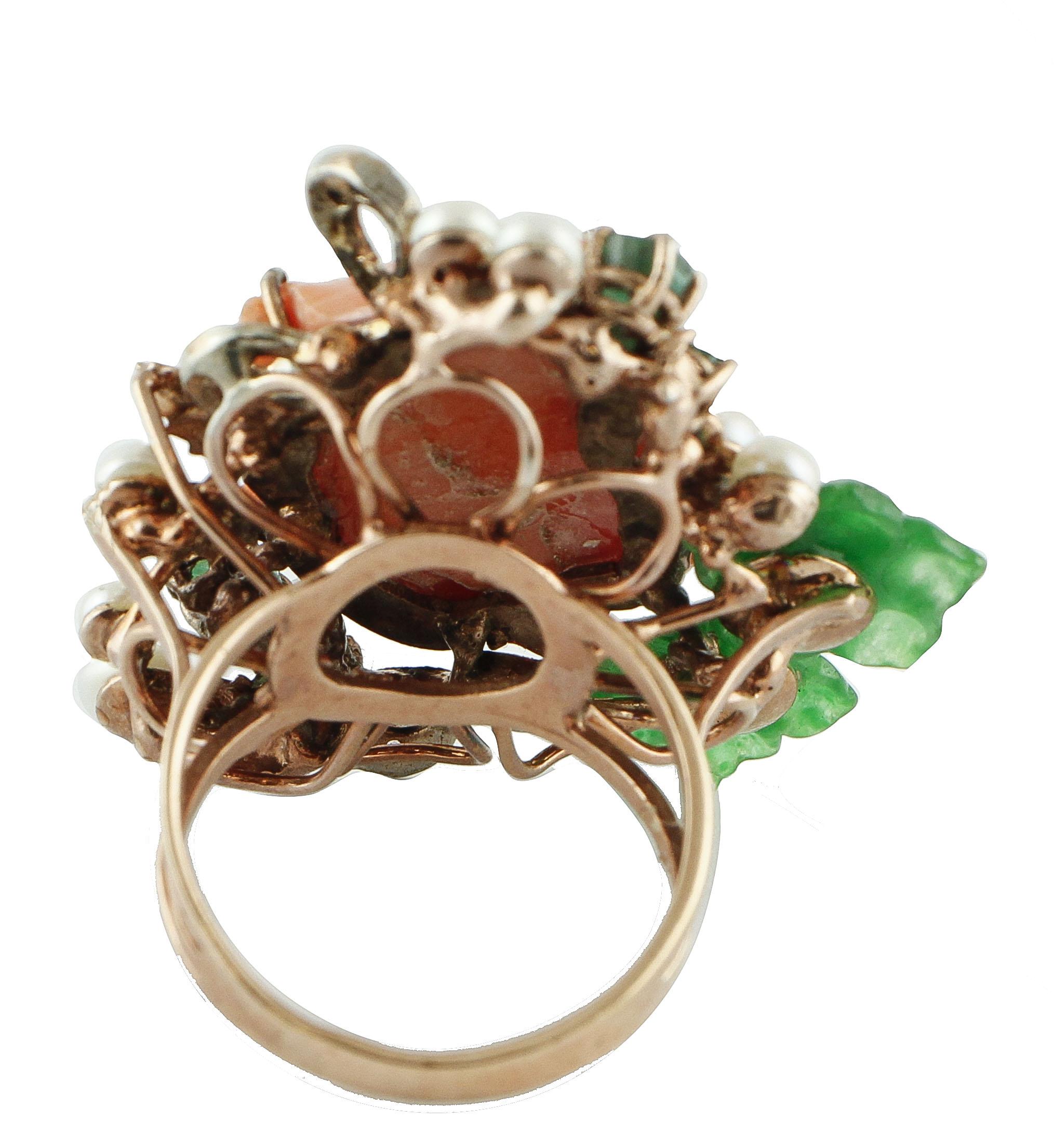 Retro Diamonds Coral Emeralds Green Agate Flowers Little White Pearls Fashion Ring For Sale