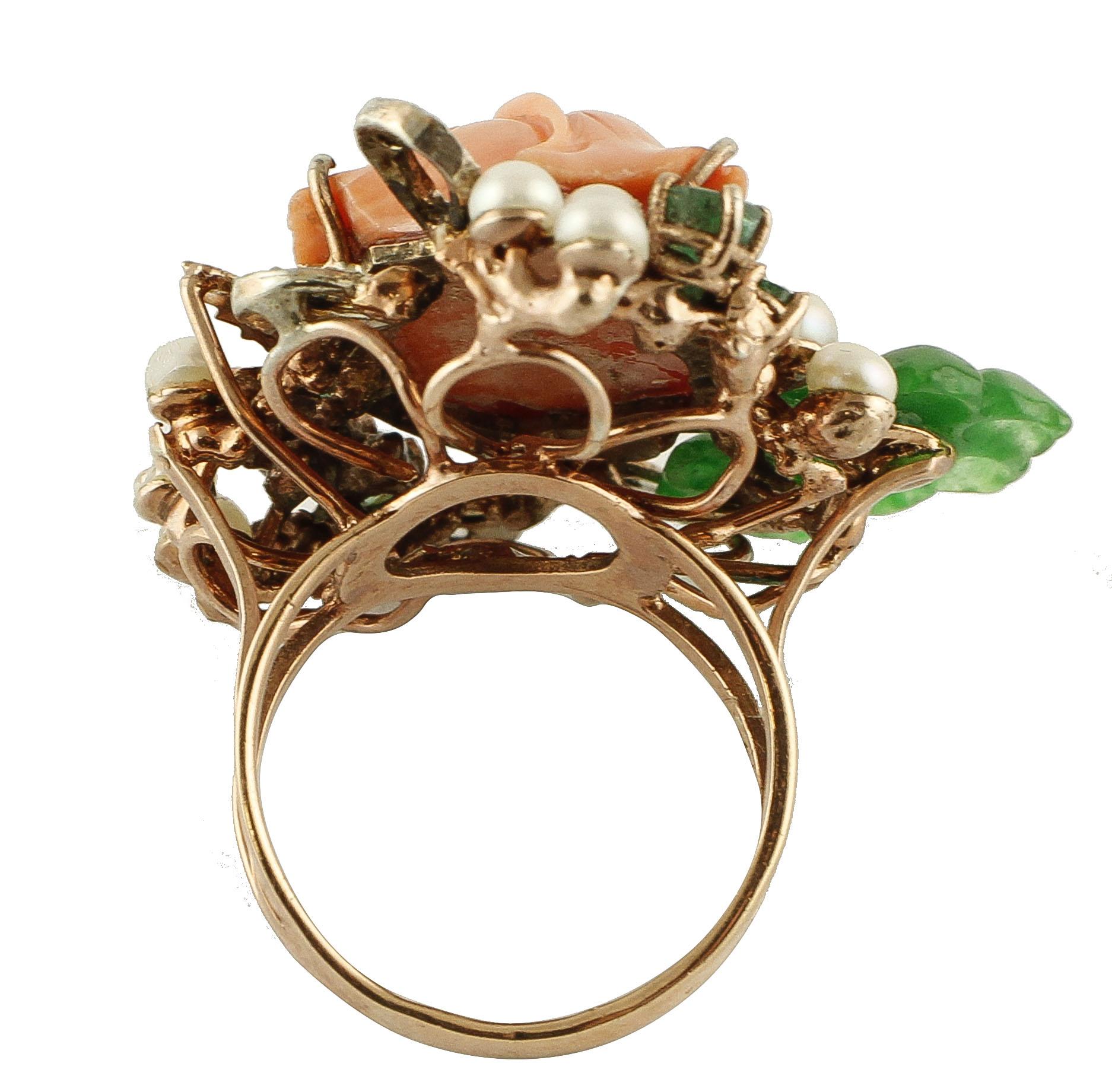 Rose Cut Diamonds Coral Emeralds Green Agate Flowers Little White Pearls Fashion Ring For Sale