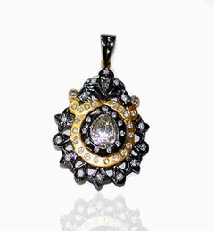 Rose Cut Diamonds Two Color Pendant Made in 18k Gold & Silver