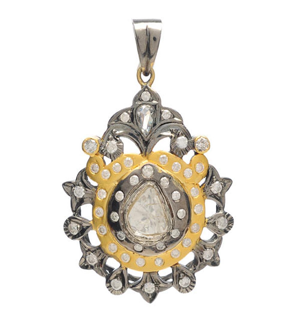 Mixed Cut Rose Cut Diamonds Two Color Pendant Made in 18k Gold & Silver For Sale