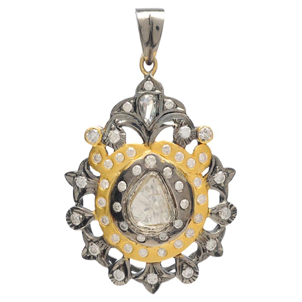 Rose Cut Diamonds Two Color Pendant Made in 18k Gold & Silver For Sale