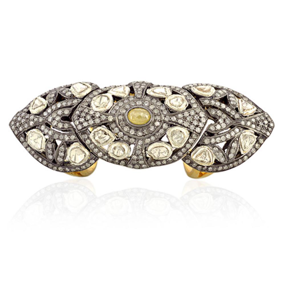 Mixed Cut Rose Cut Diamonds Knuckle Ring with Pave Diamonds & Carved Grill in 18 K Gold For Sale