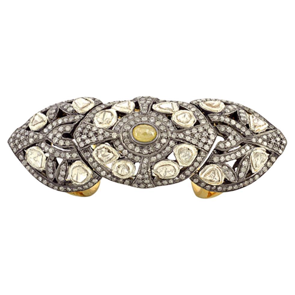 Rose Cut Diamonds Knuckle Ring with Pave Diamonds & Carved Grill in 18 K Gold For Sale