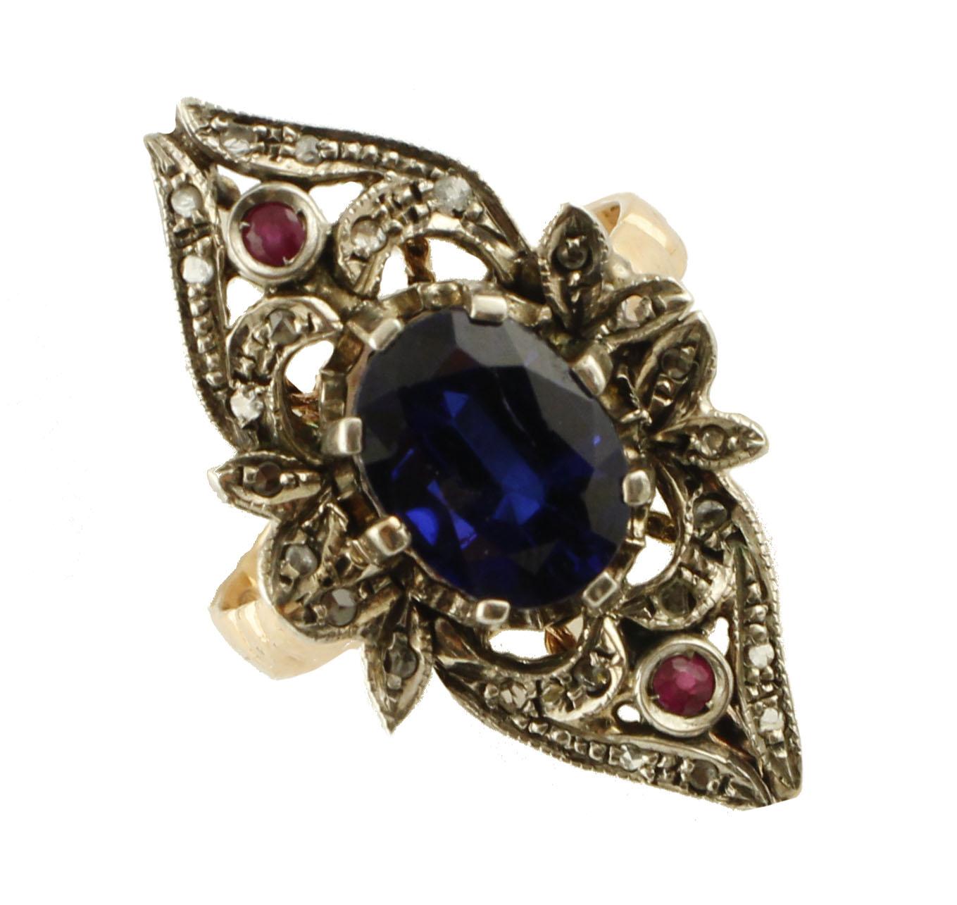 Retro Rose Cut Diamonds Little Rubies Blue Sapphire Rose Gold and Silver Fashion Ring