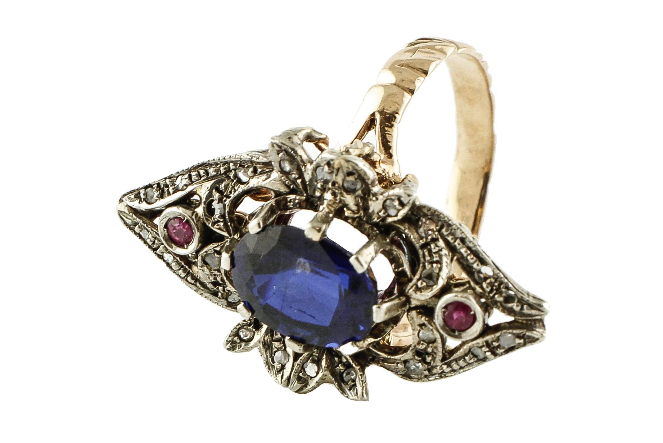 Rose Cut Diamonds Little Rubies Blue Sapphire Rose Gold and Silver Fashion Ring In Excellent Condition In Marcianise, Marcianise (CE)
