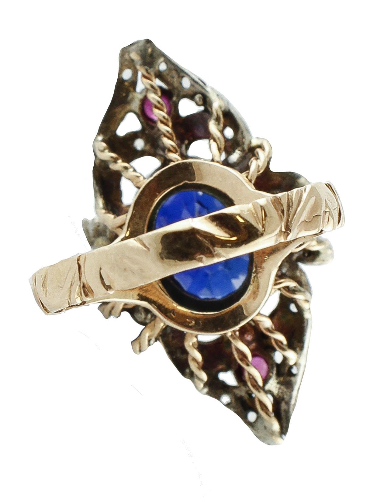 Women's Rose Cut Diamonds Little Rubies Blue Sapphire Rose Gold and Silver Fashion Ring