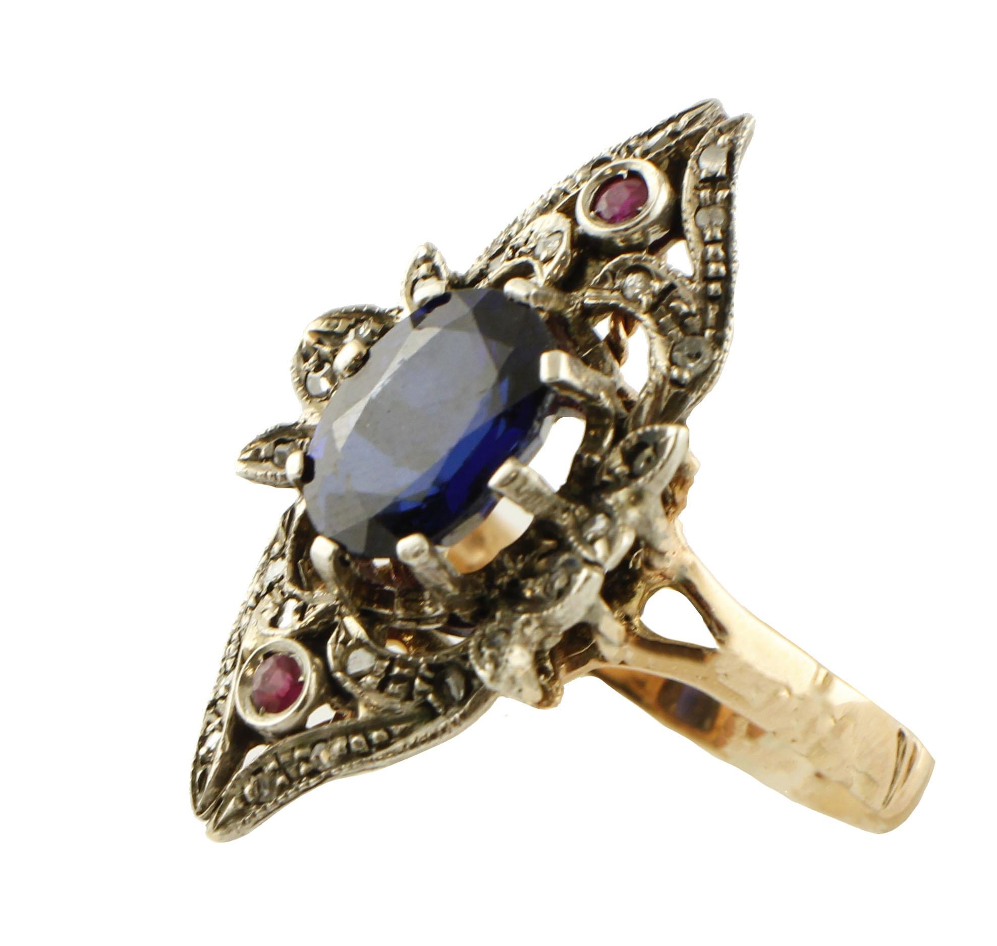Rose Cut Diamonds Little Rubies Blue Sapphire Rose Gold and Silver Fashion Ring 2