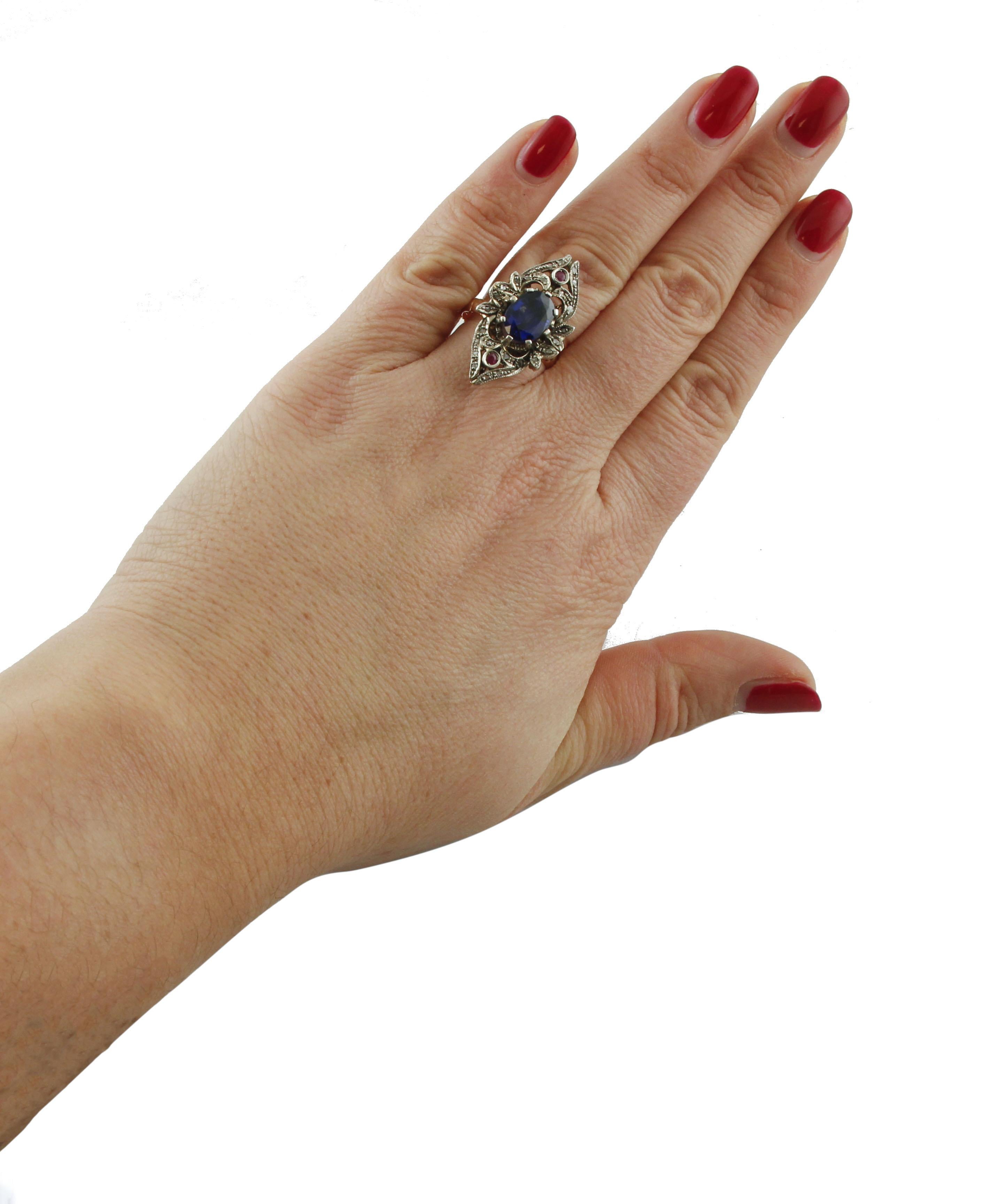 Rose Cut Diamonds Little Rubies Blue Sapphire Rose Gold and Silver Fashion Ring 4