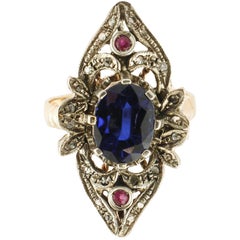 Vintage Rose Cut Diamonds Little Rubies Blue Sapphire Rose Gold and Silver Fashion Ring