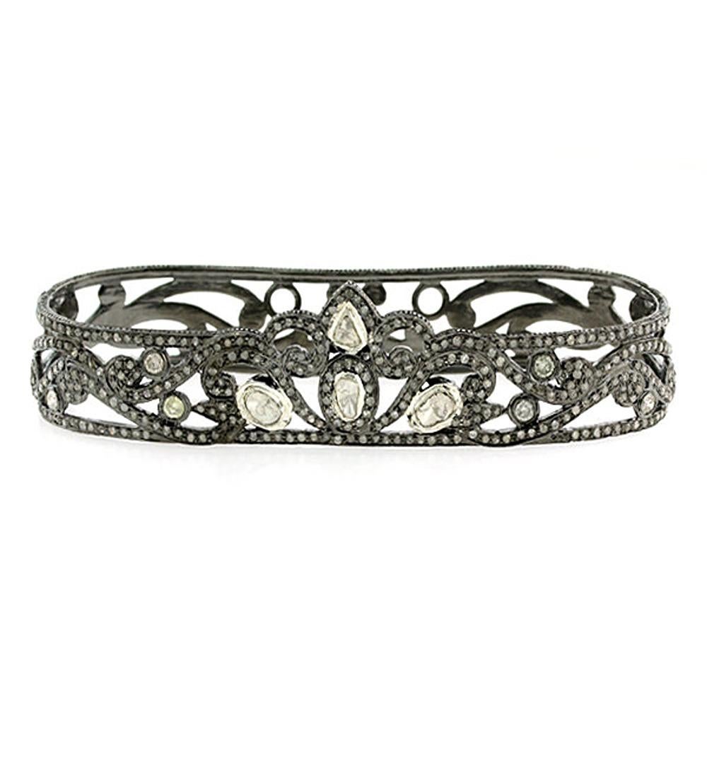 Rose Cut Diamonds Palm Bracelet With Black Diamonds Made In Silver In New Condition For Sale In New York, NY