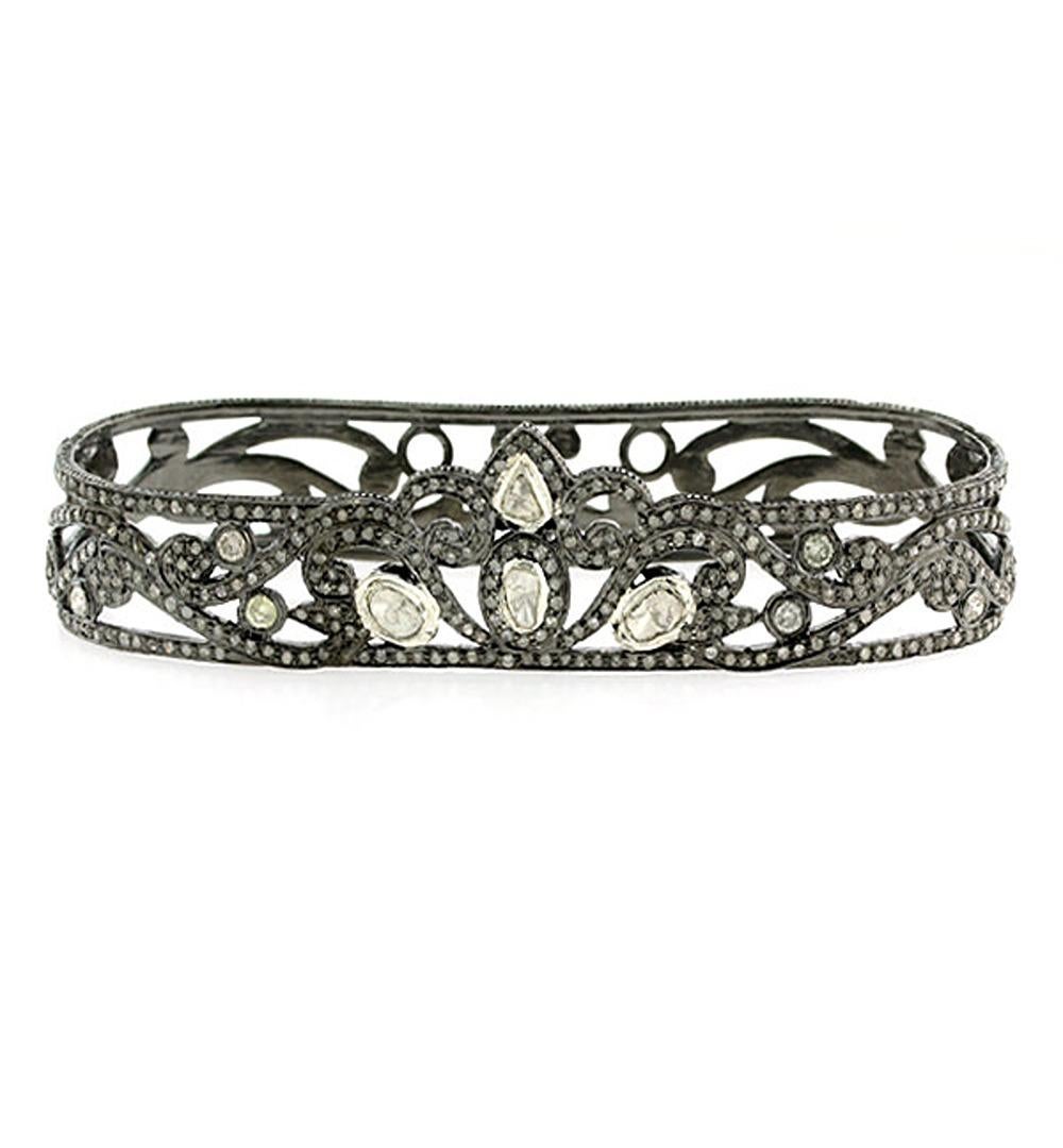 Bracelet palmier avec diamants taille rose et diamants noirs en argent Neuf - En vente à New York, NY