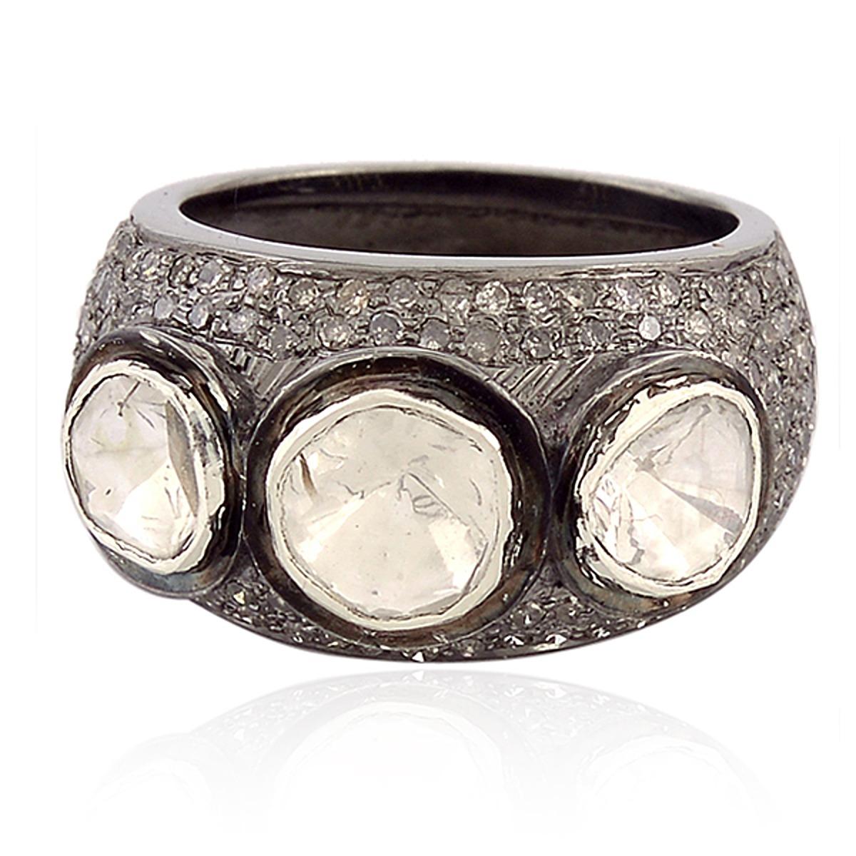 Mixed Cut Rose Cut Diamonds Ring With Pave Diamonds In Silver For Sale