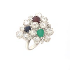 Rose Cut Diamonds Ruby Sapphire Emerald 18 Karat White Gold Cocktail Ring