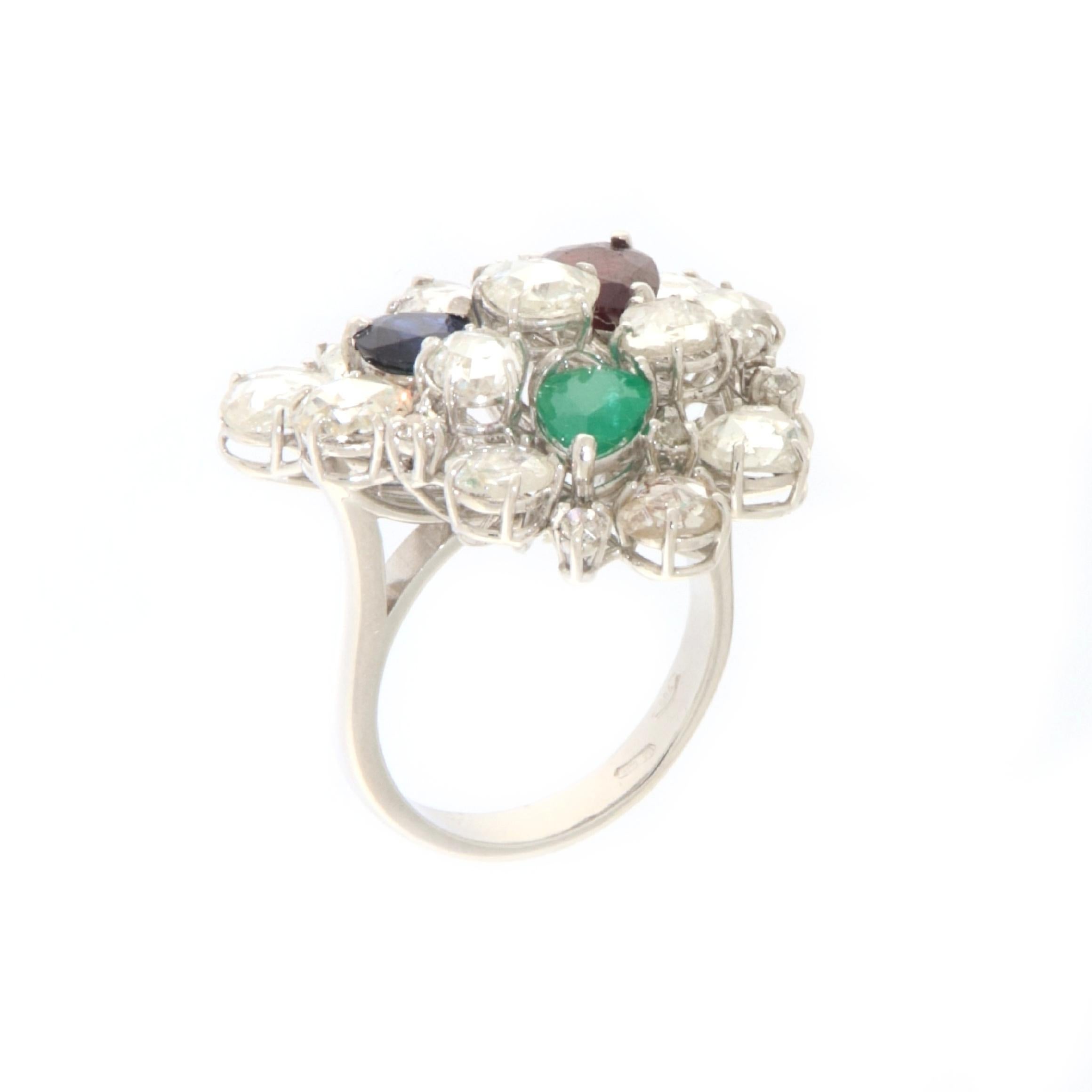 Artisan Rose Cut Diamonds Ruby Sapphire Emerald 18 Karat White Gold Cocktail Ring For Sale