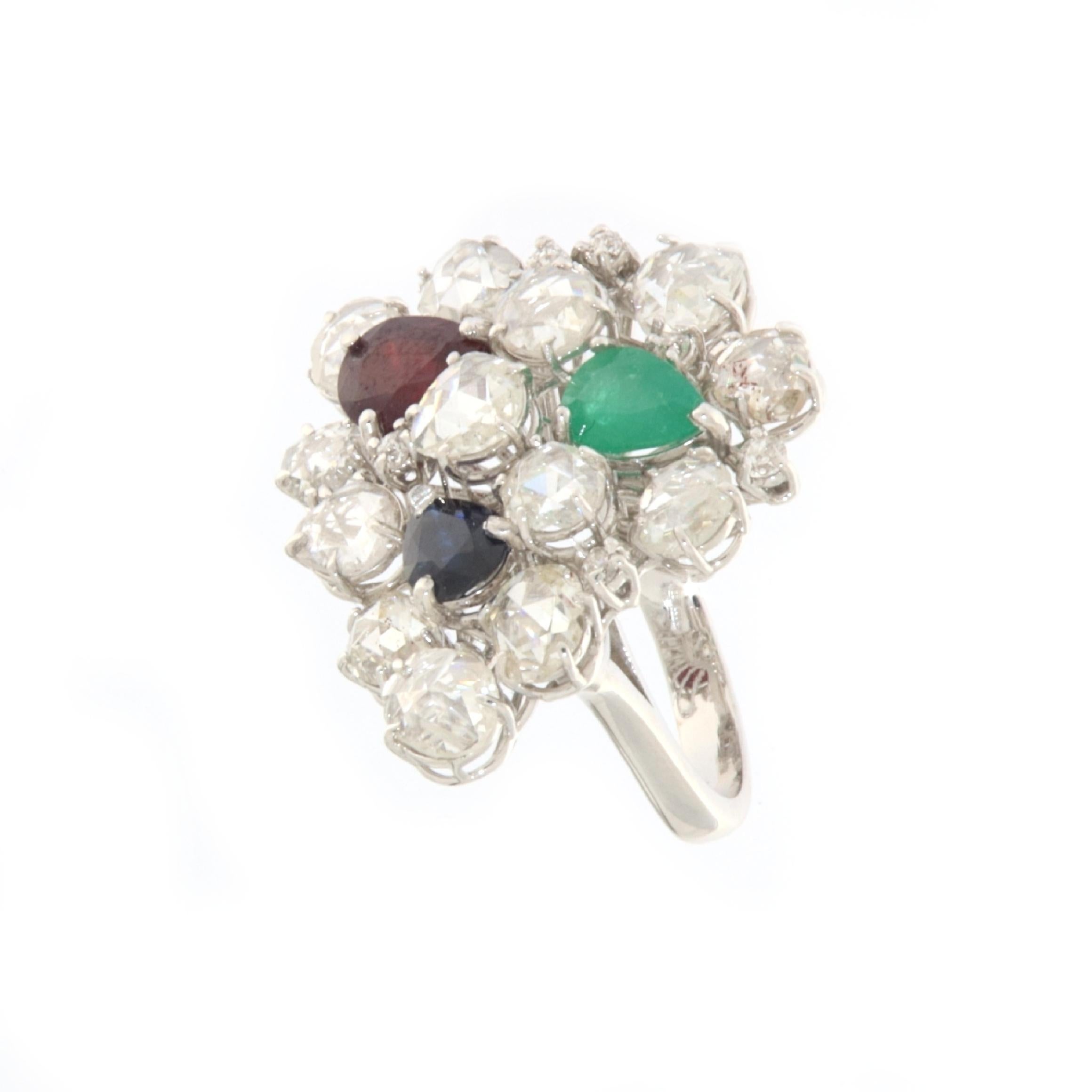 Brilliant Cut Rose Cut Diamonds Ruby Sapphire Emerald 18 Karat White Gold Cocktail Ring For Sale