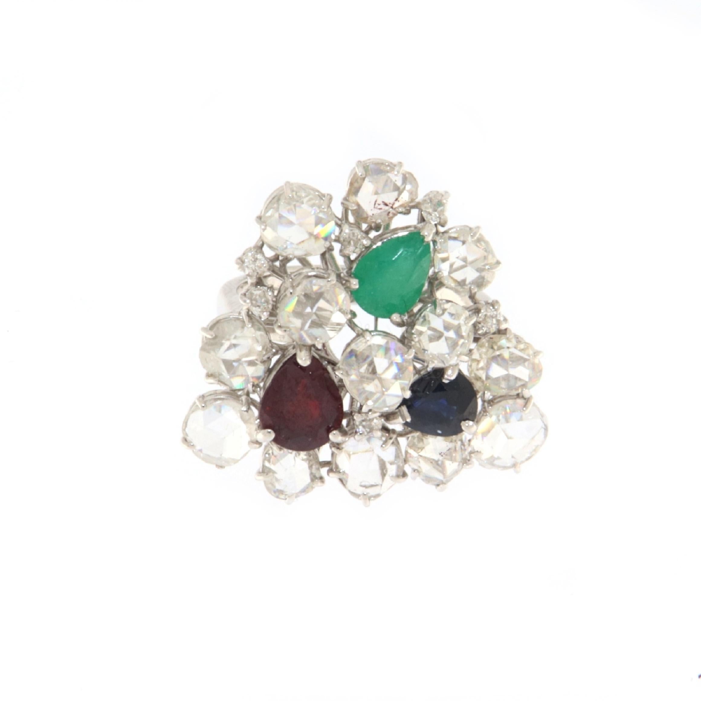 Rose Cut Diamonds Ruby Sapphire Emerald 18 Karat White Gold Cocktail Ring In New Condition For Sale In Marcianise, IT