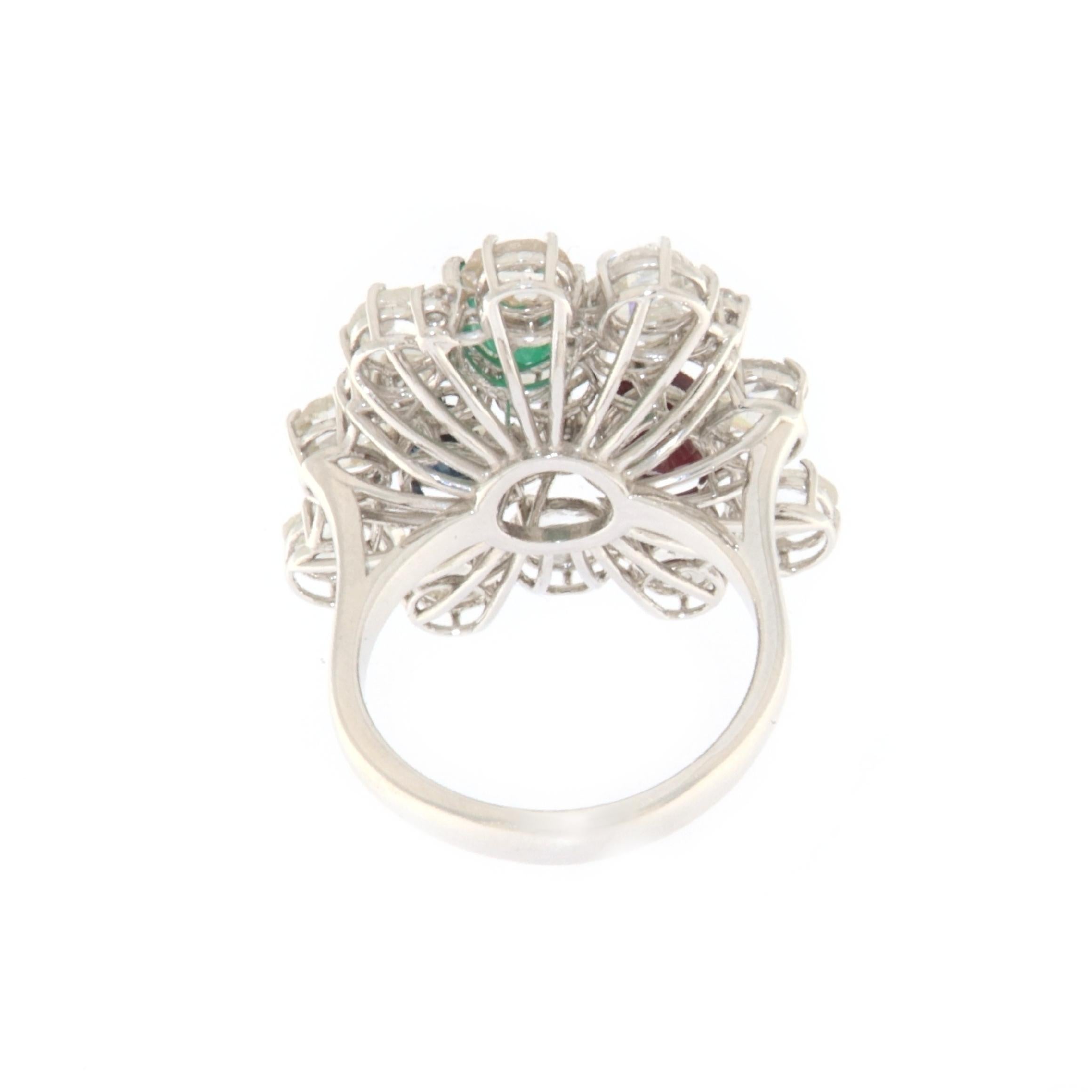 Women's Rose Cut Diamonds Ruby Sapphire Emerald 18 Karat White Gold Cocktail Ring For Sale